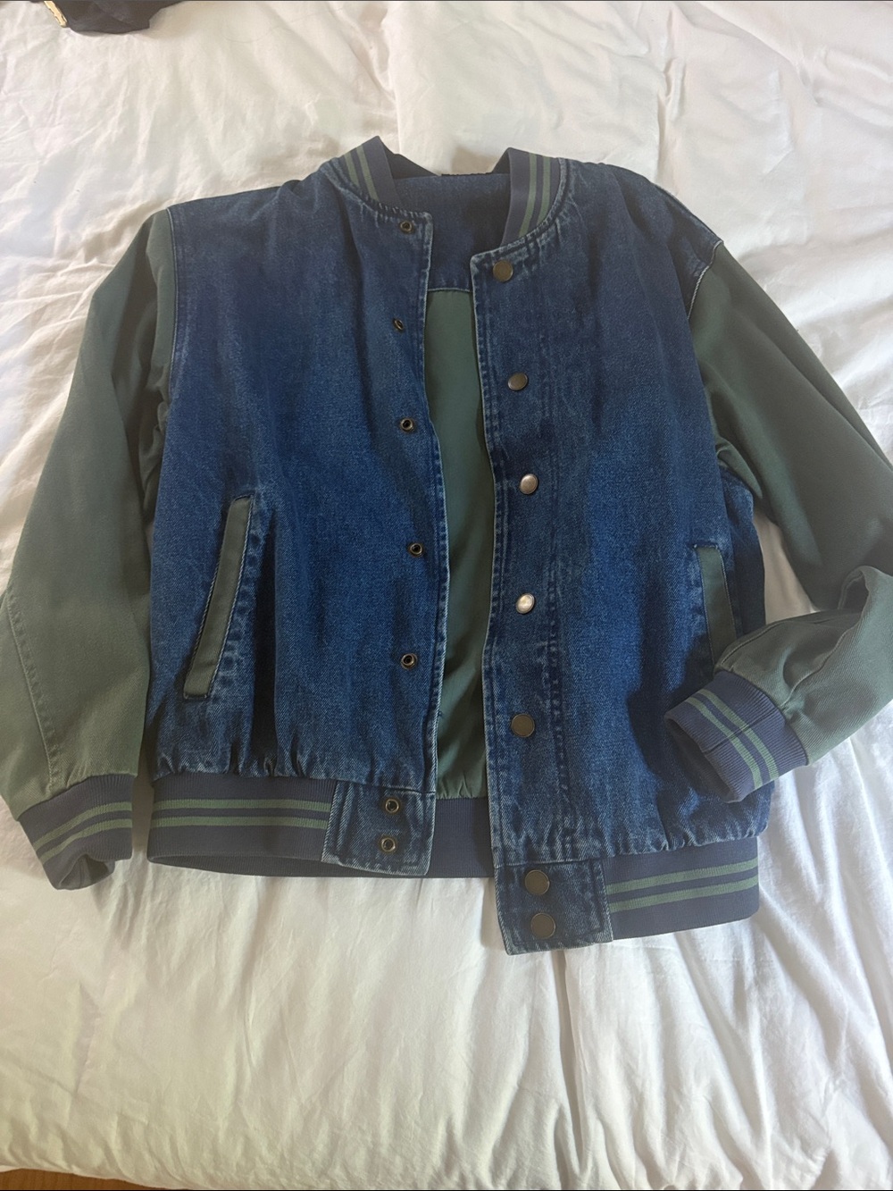 BDG Blue Denim Varsity Jacket with Olive Stripe Collar